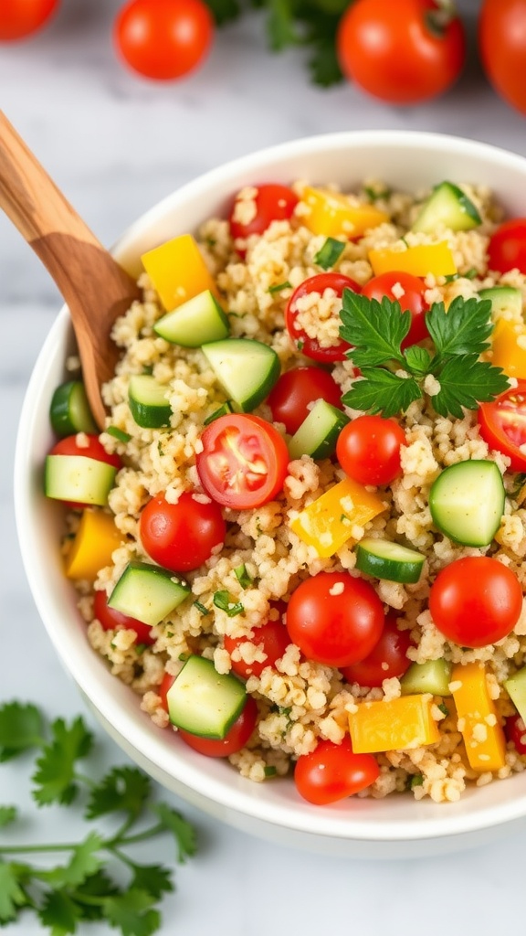 A colorful quinoa salad with cherry tomatoes, cucumbers, bell peppers, and parsley in a bowl.